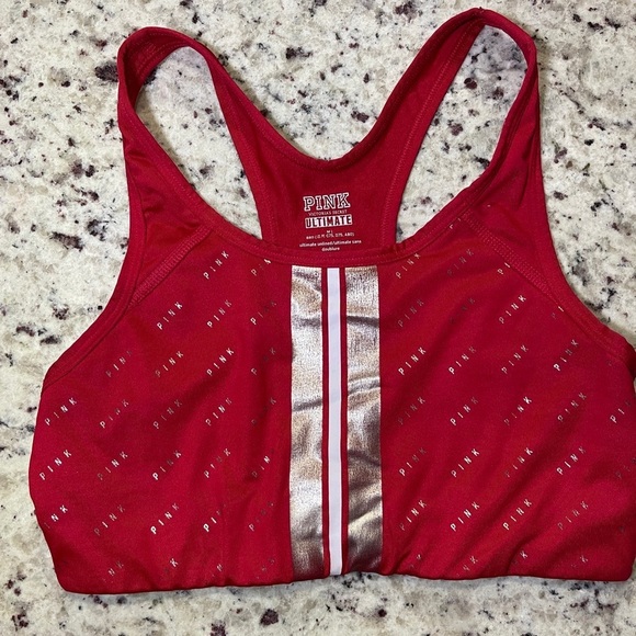 PINK Victoria's Secret Tops - Victoria Secret Pink Ultimate Unlined Red Sports Bra Size Medium Metallic Logo